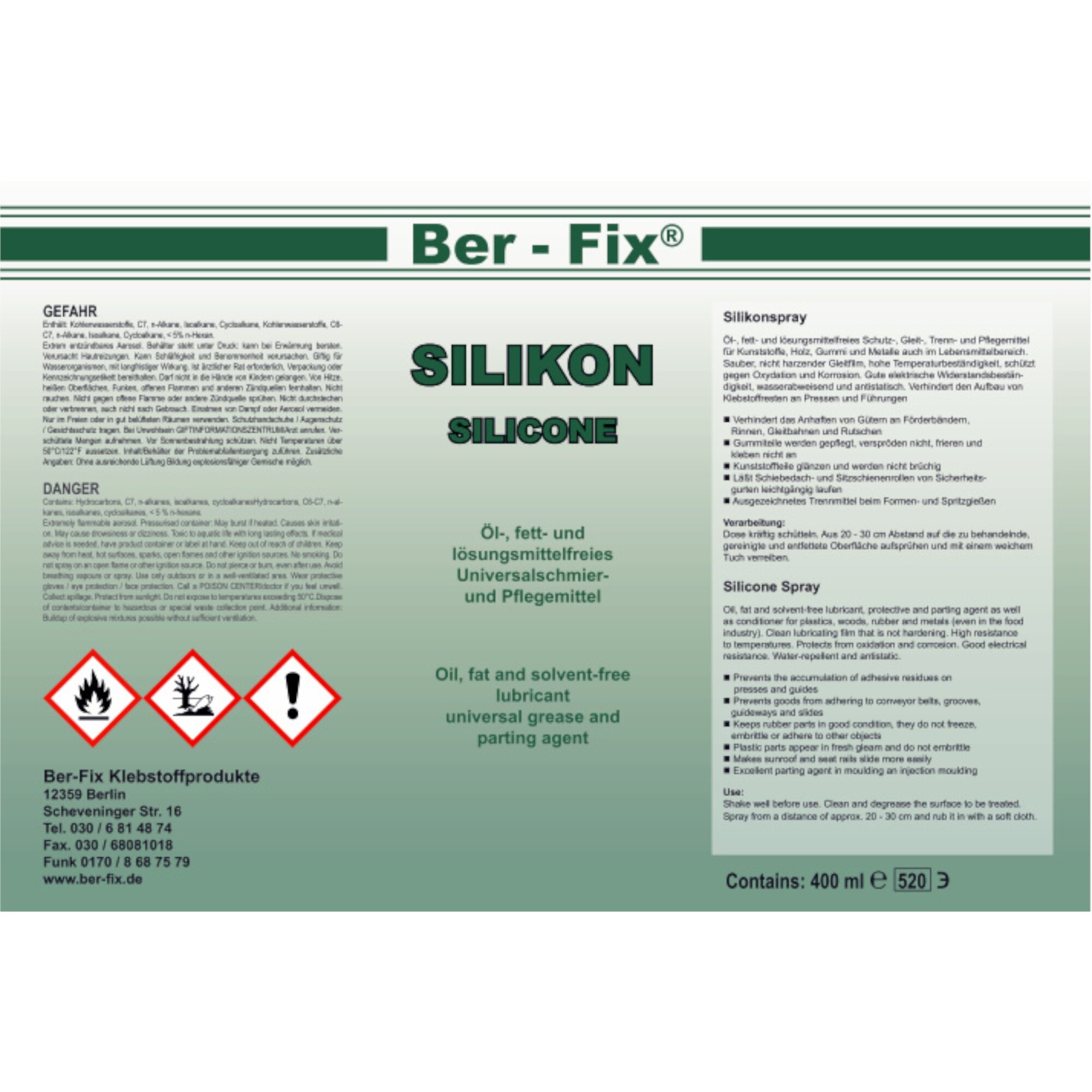 Ber-Fix® Sprühsilikon – Schutz-, Gleit- & Pflegemittel