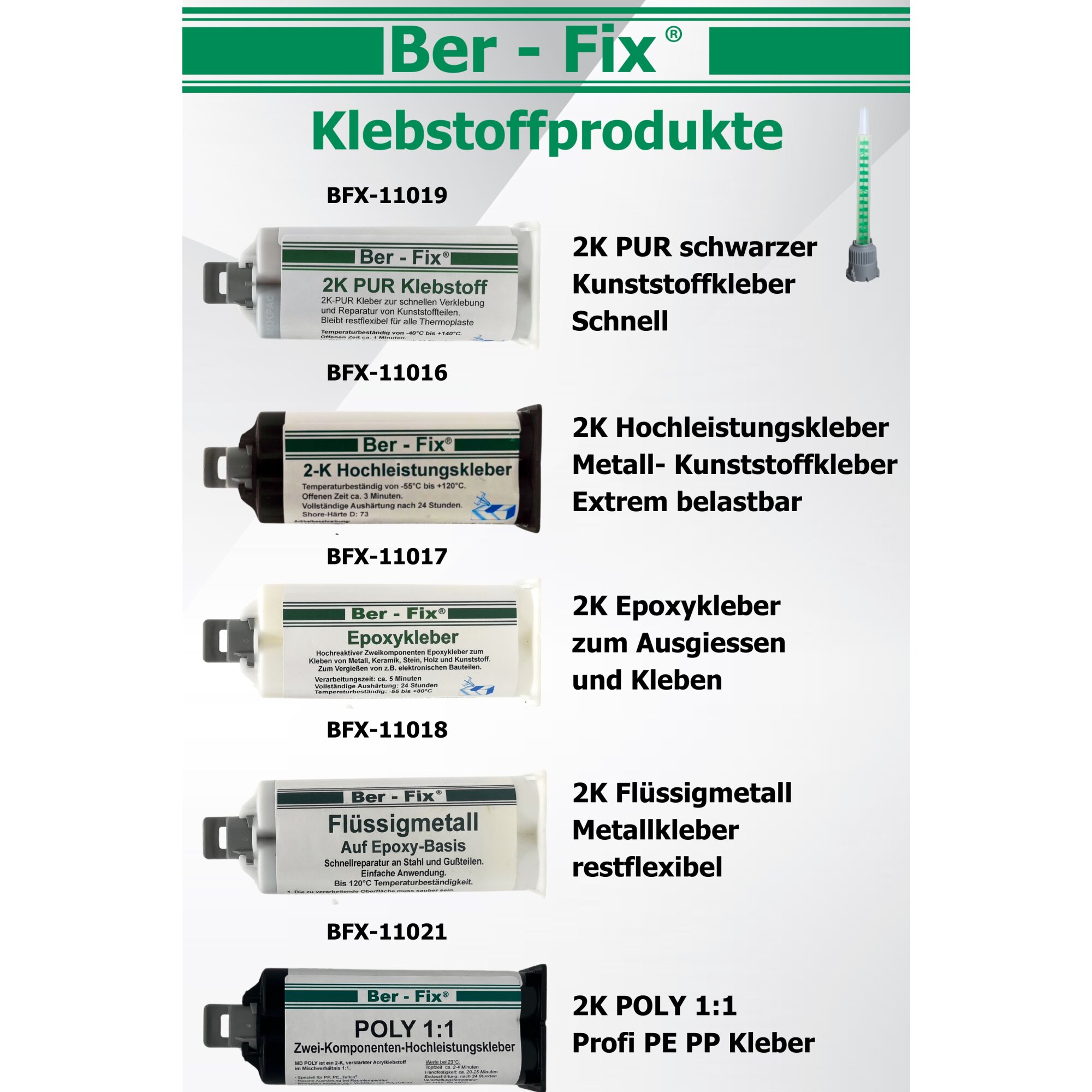 Ber-Fix® 2K-Kleber Set - Inklusive Hochleistungskleber, Epoxykleber & Flüssigmetall inclusive 8 Düsen - Keine Dosierpistole benötigt!