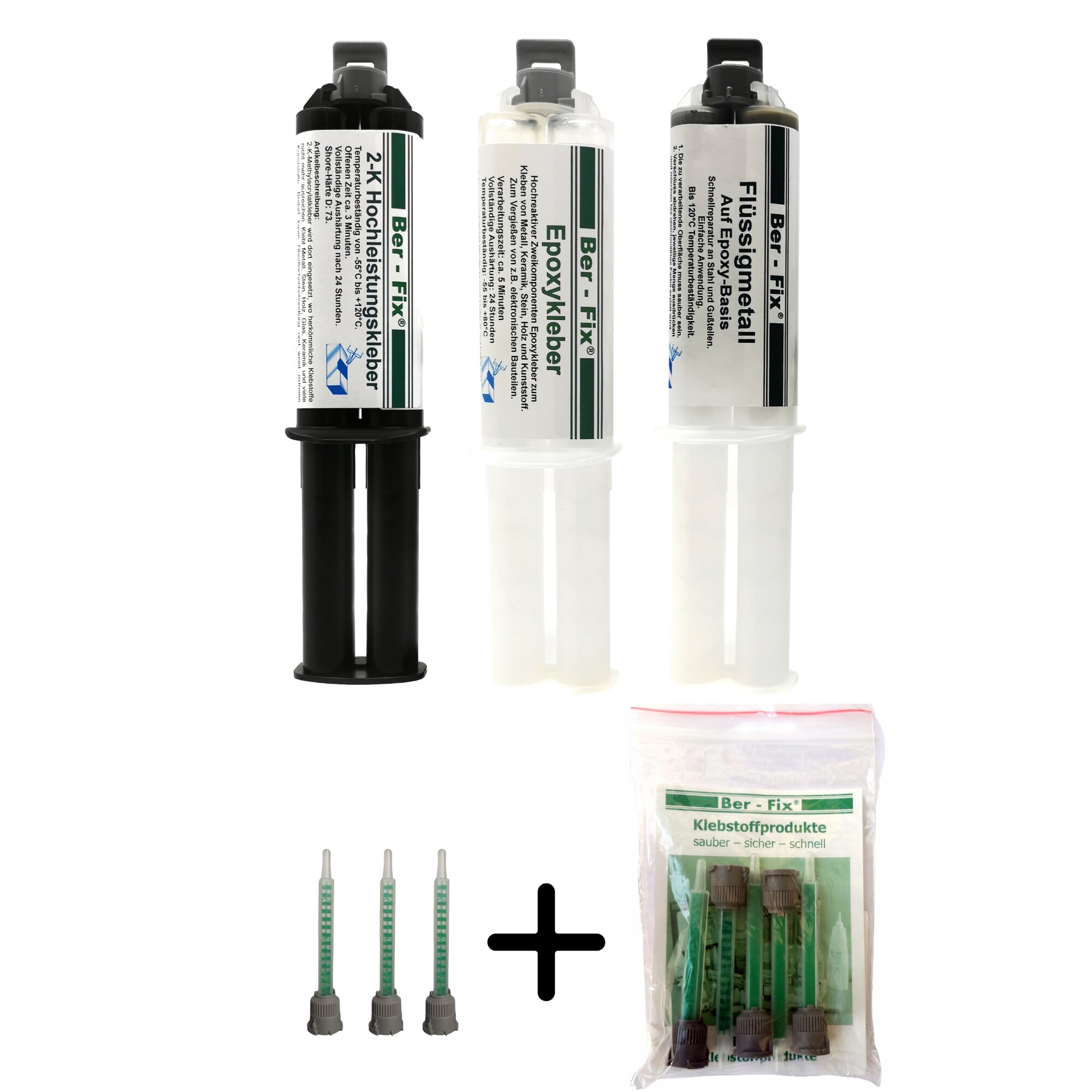 Ber-Fix® 2K-Kleber Set - Inklusive Hochleistungskleber, Epoxykleber & Flüssigmetall inclusive 8 Düsen - Keine Dosierpistole benötigt!