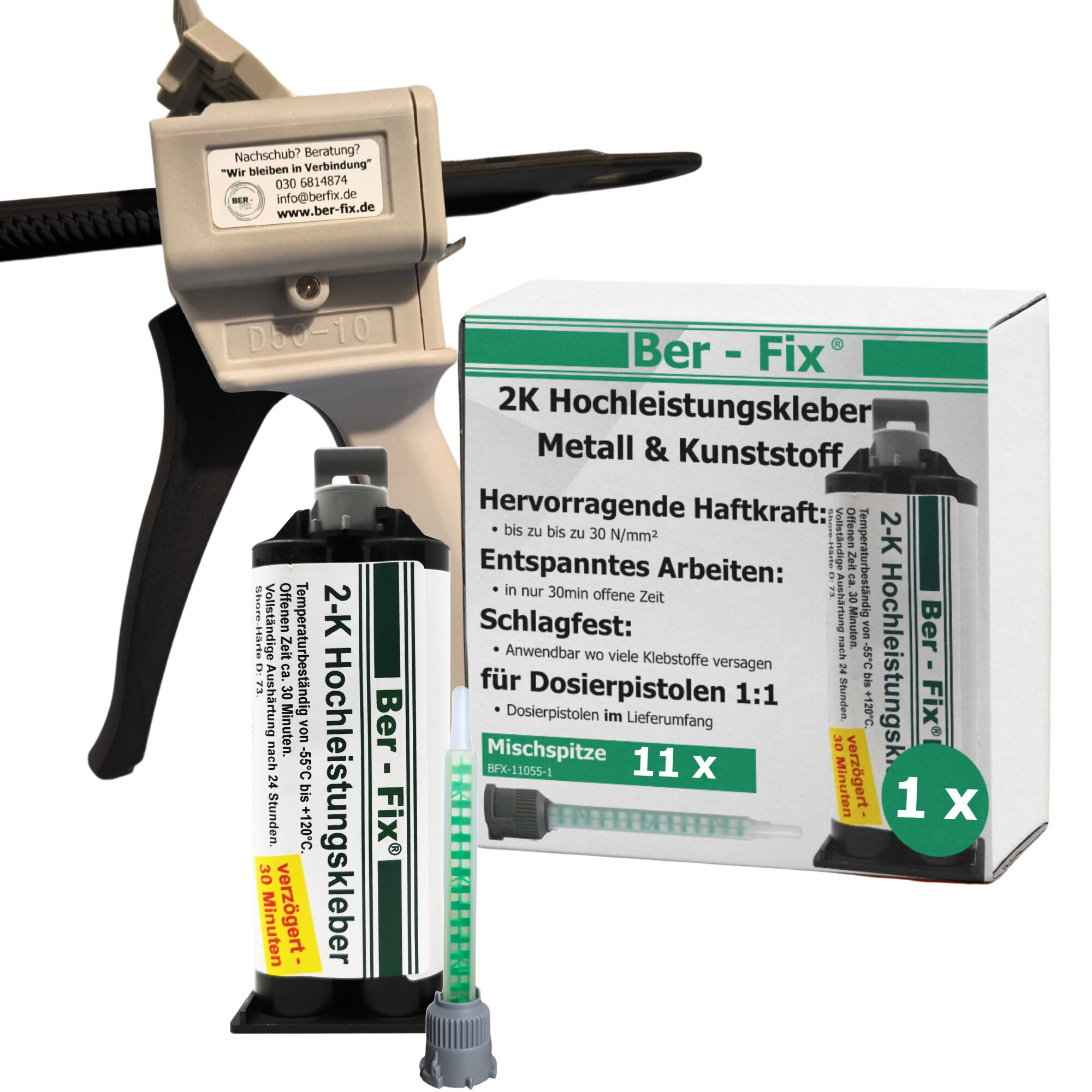 Ber-Fix® 2K-Hochleistungskleber 50g 30 Min. + 10 Extra Spitzen + Pistole