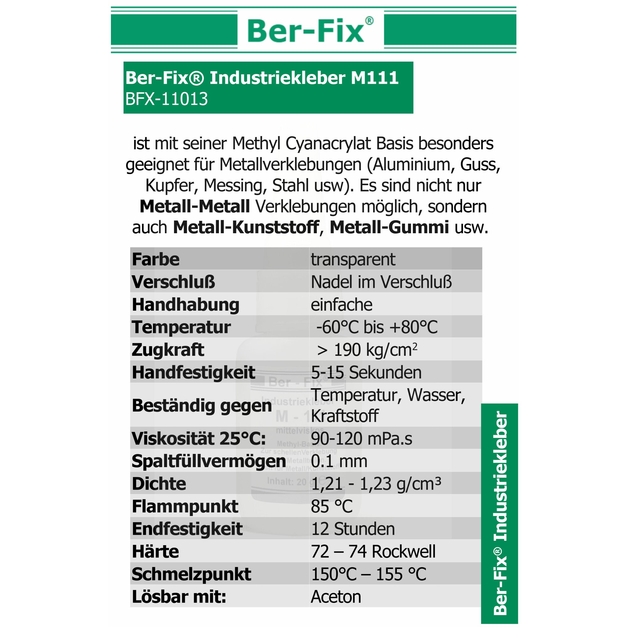 Ber-Fix® Industriekleber M111 – Speziell für Gummi & Metall – Schnellhärtend, Hohe Haftkraft, Vielseitig Einsetzbar, Temperaturbeständig von -60°C bis +80°C