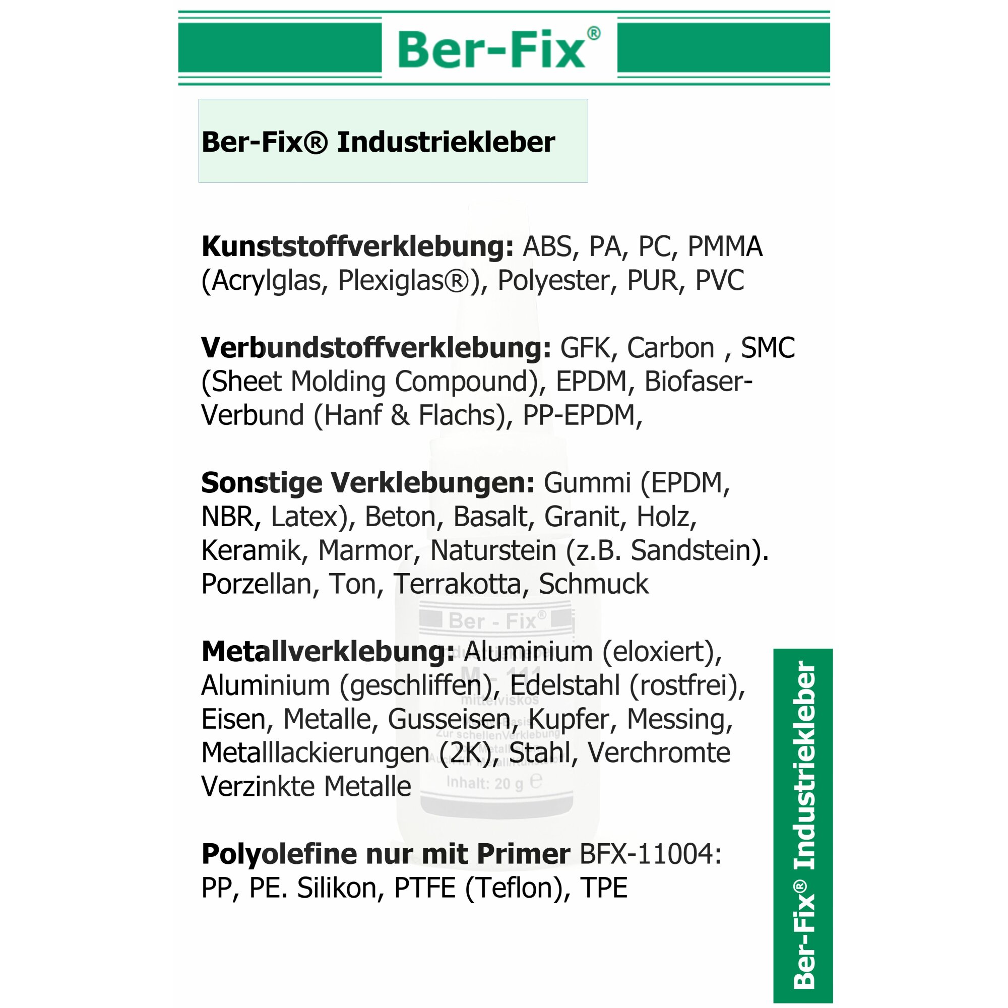 Ber-Fix® Industriekleber M111 – Speziell für Gummi & Metall – Schnellhärtend, Hohe Haftkraft, Vielseitig Einsetzbar, Temperaturbeständig von -60°C bis +80°C