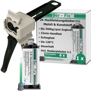 Ber-Fix® 2K-Hochleistungskleber 50g 3 Min. + 5 Extra Spitzen + Pistole