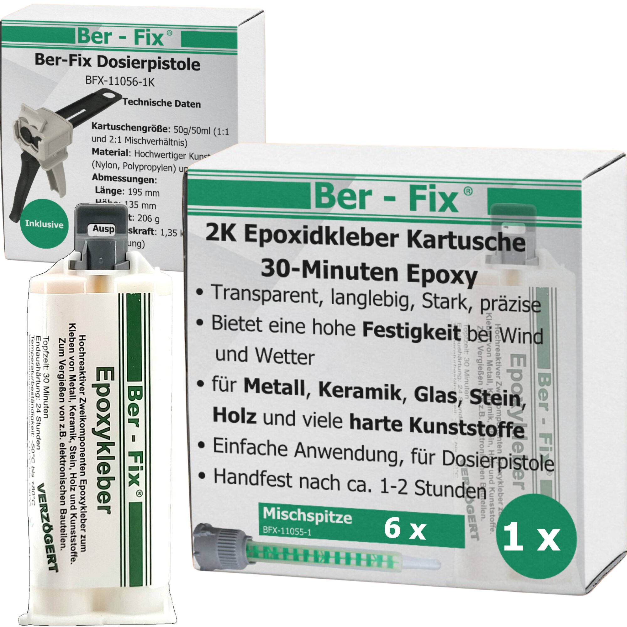 Ber-Fix® Epoxykleber 50g 30 Min. + 5 Extra Spitzen + Pistole