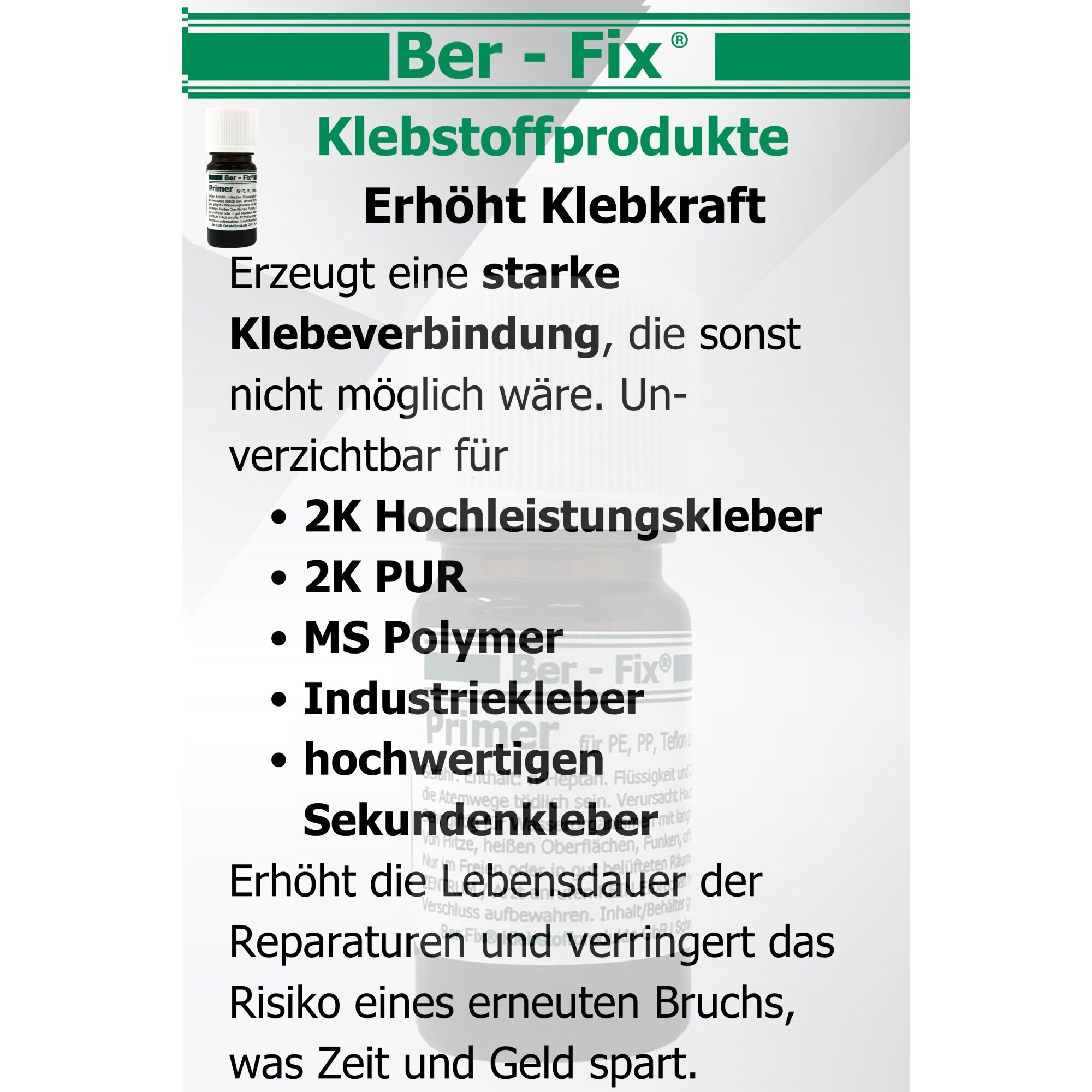 Ber-Fix® Primer für PE, PP, Silikon & Teflon – Haftvermittler für schwer zu klebende Materialien | Optimale Vorbereitung für starke Verklebungen