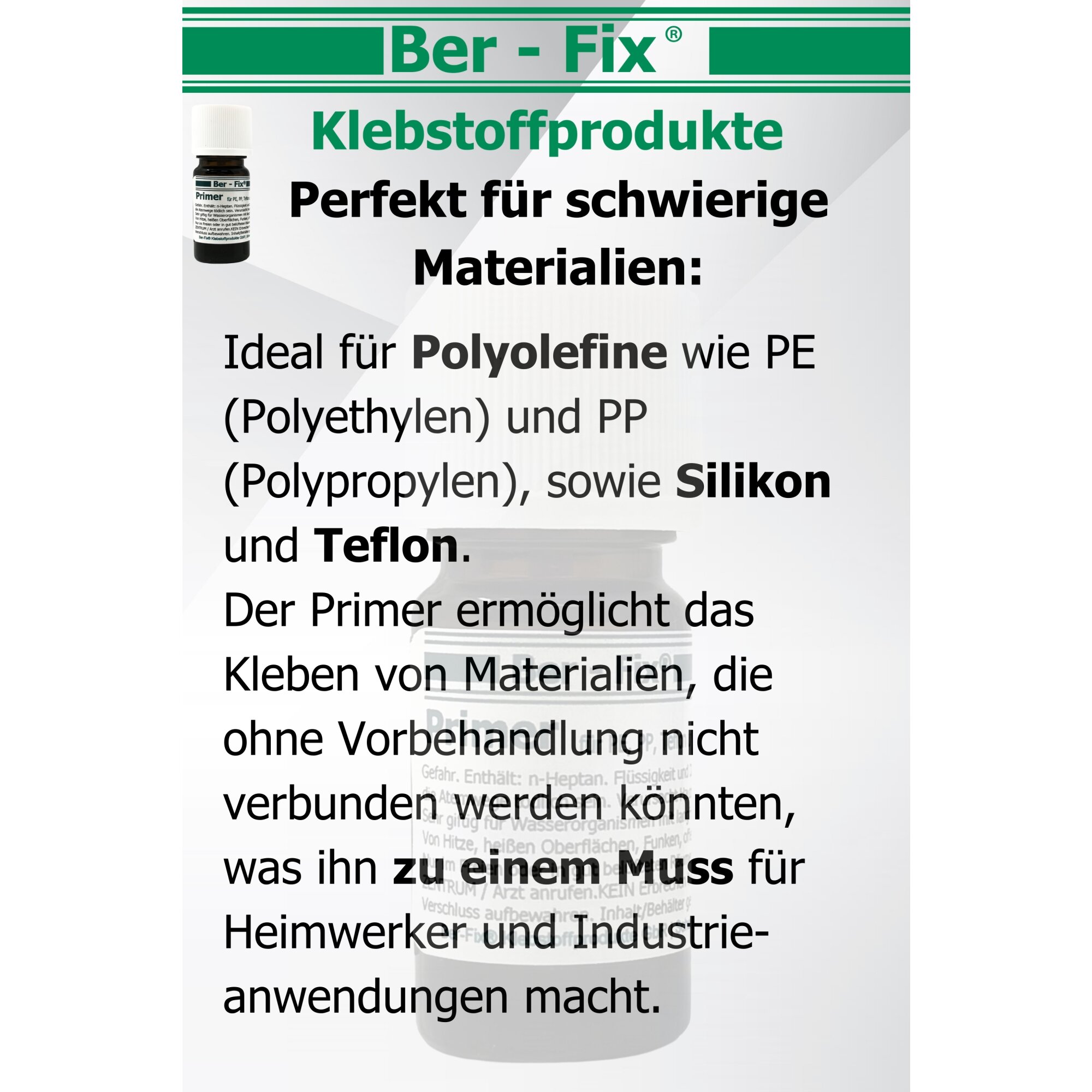 Ber-Fix® Primer für PE, PP, Silikon & Teflon – Haftvermittler für schwer zu klebende Materialien | Optimale Vorbereitung für starke Verklebungen