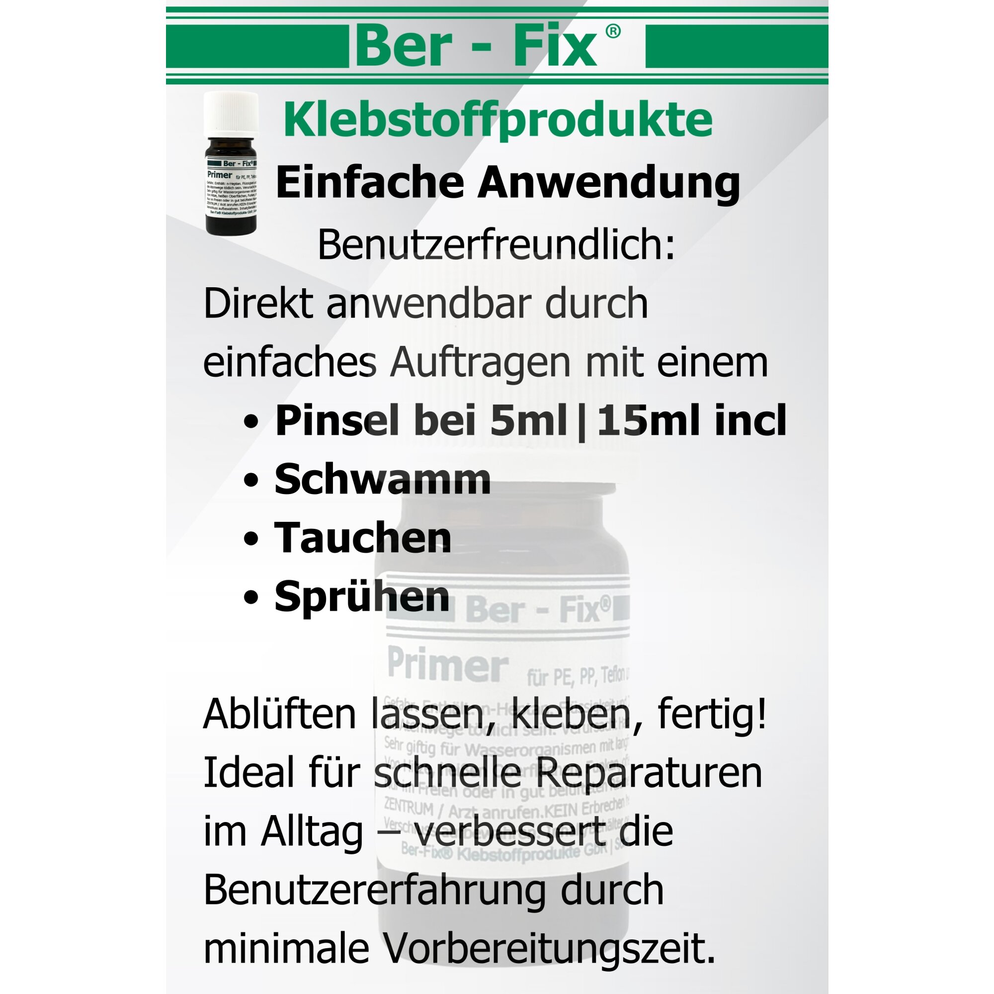 Ber-Fix® Primer für PE, PP, Silikon & Teflon – Haftvermittler für schwer zu klebende Materialien | Optimale Vorbereitung für starke Verklebungen