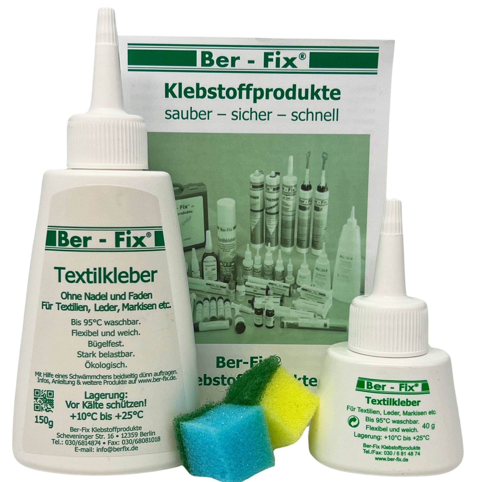 Ber-Fix® Textilkleber-Set mittel – Waschmaschinenfest & Transparent | 40g + 150g Kleber für Stoffe, Textilien & Heimtextilien