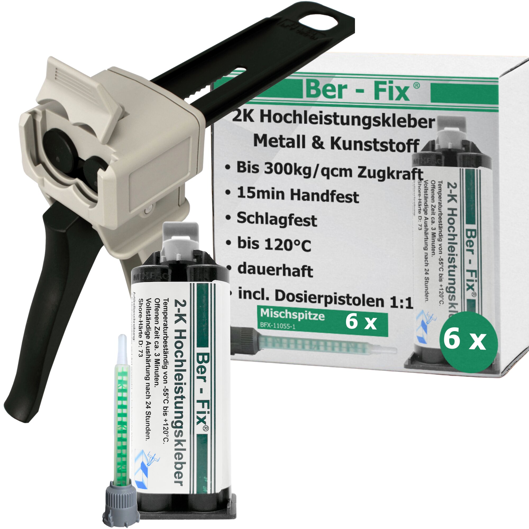 Ber-Fix® 2K-Hochleistungskleber 50g 3 Min. 6x + Pistole