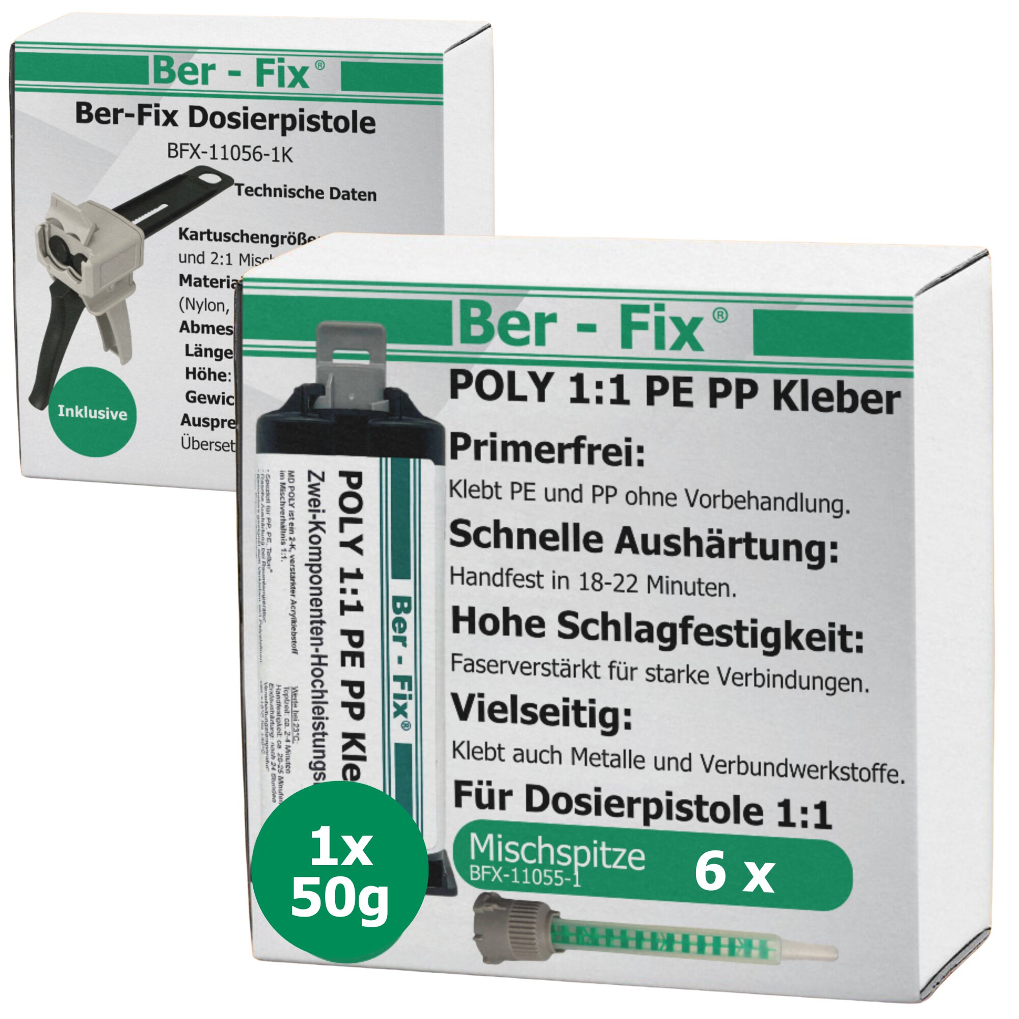 Ber-Fix® 50g Poly 1:1 - PE PP Kleber + 5 Extra Spitzen + Pistole