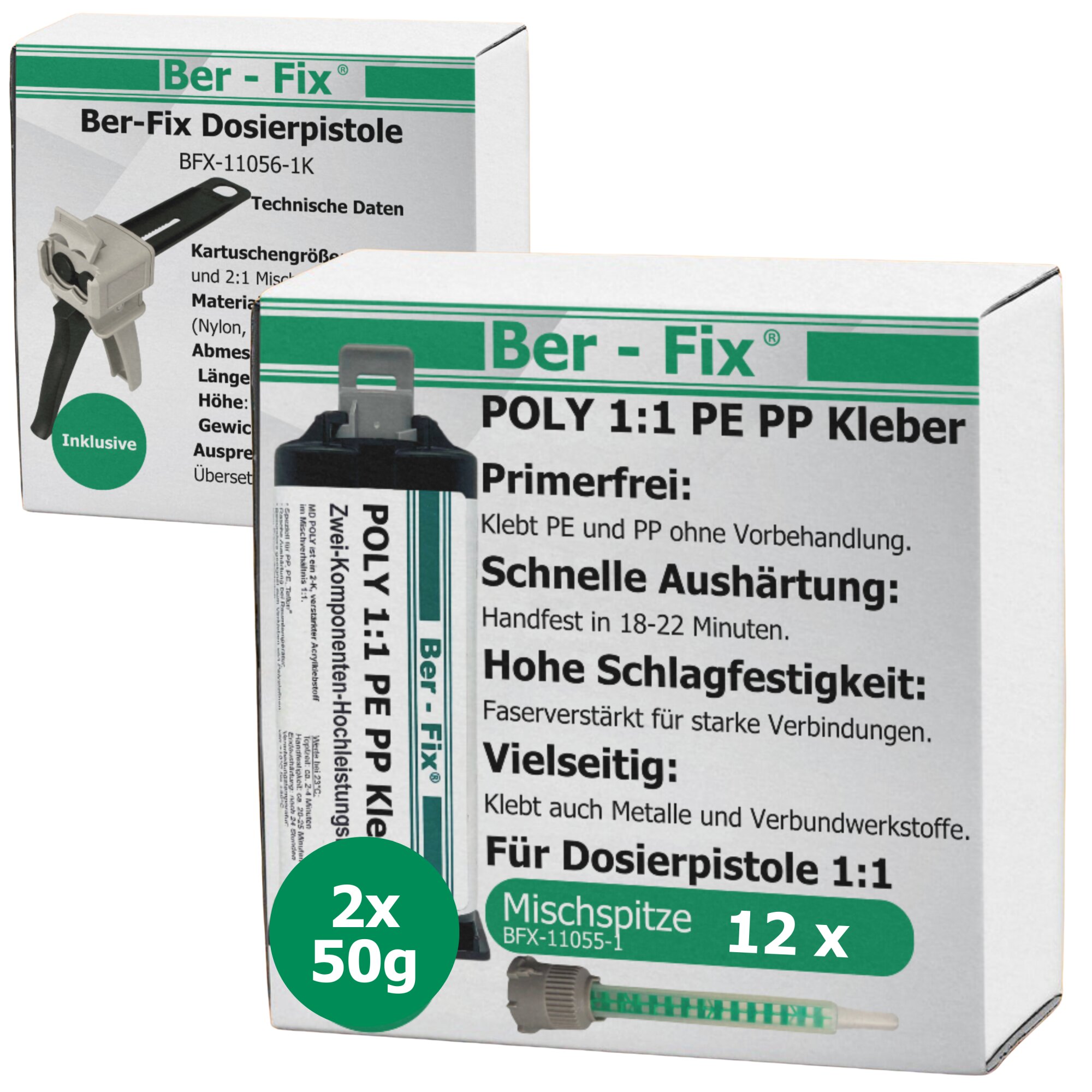 Ber-Fix® 50g Poly 1:1 - PE PP Kleber 2x + 10 Extra Spitzen + Pistole