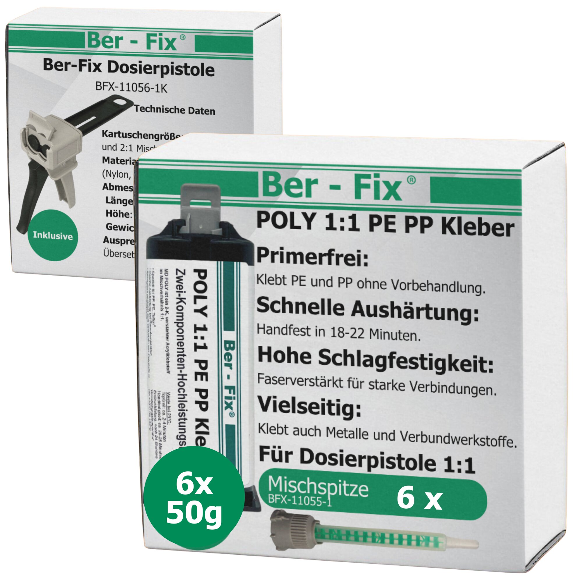 Ber-Fix® 50g Poly 1:1 - PE PP Kleber 6er-Spar-Pack + Pistole