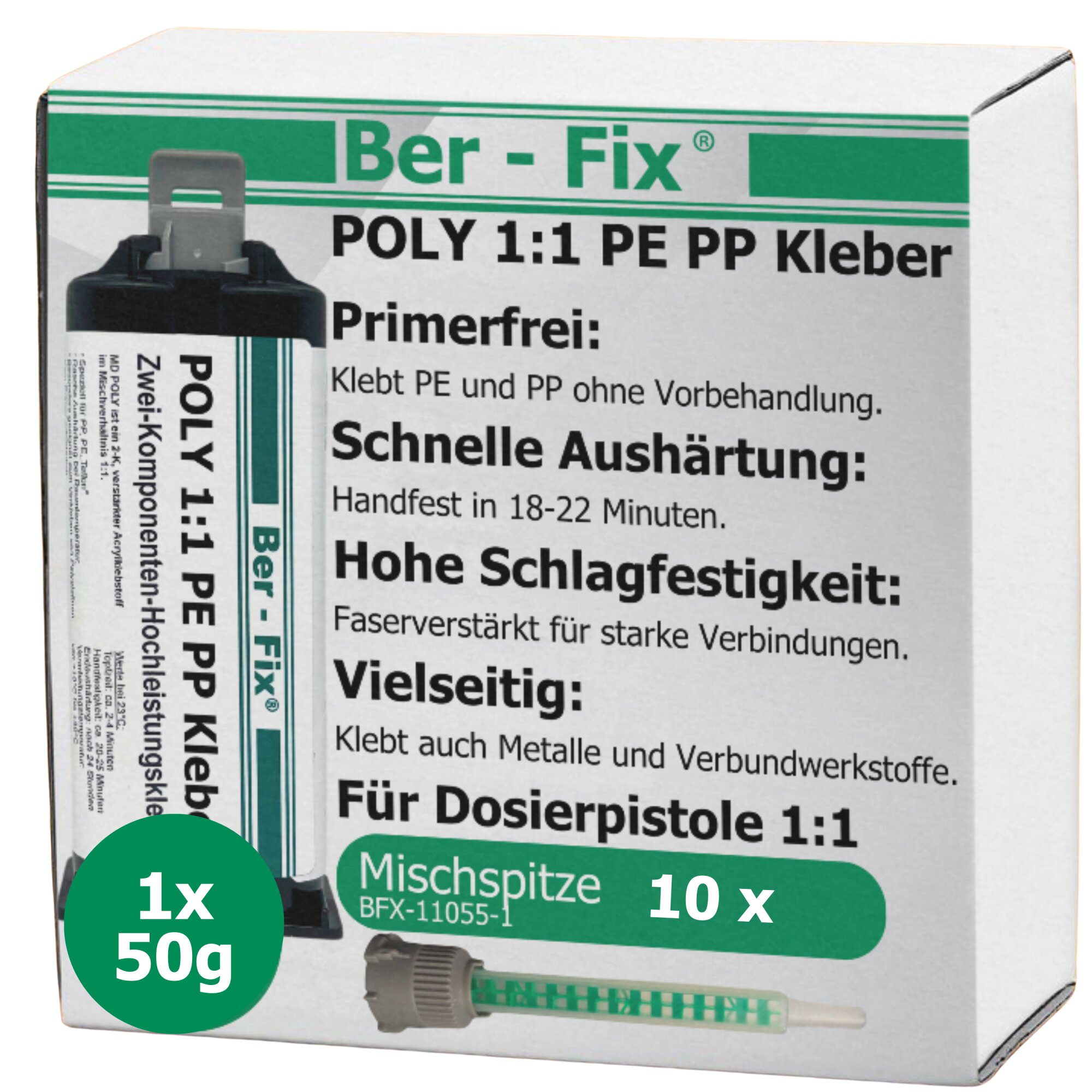 Ber-Fix® 50g Poly 1:1 - PE PP Kleber + 10 Extra Spitzen