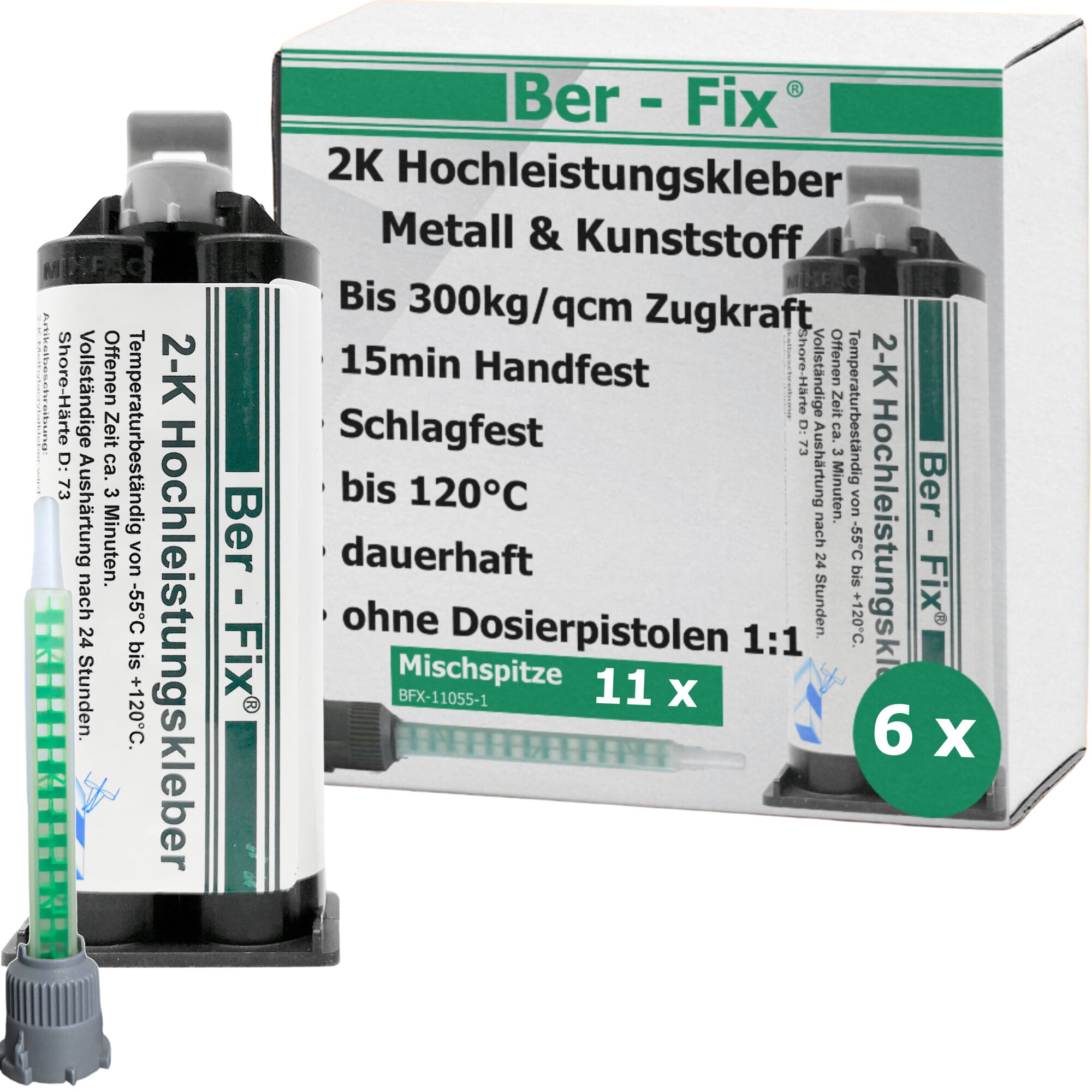 Ber-Fix® 2K-Hochleistungskleber 50g 3 Min. 6x + 5 Extra Spitzen