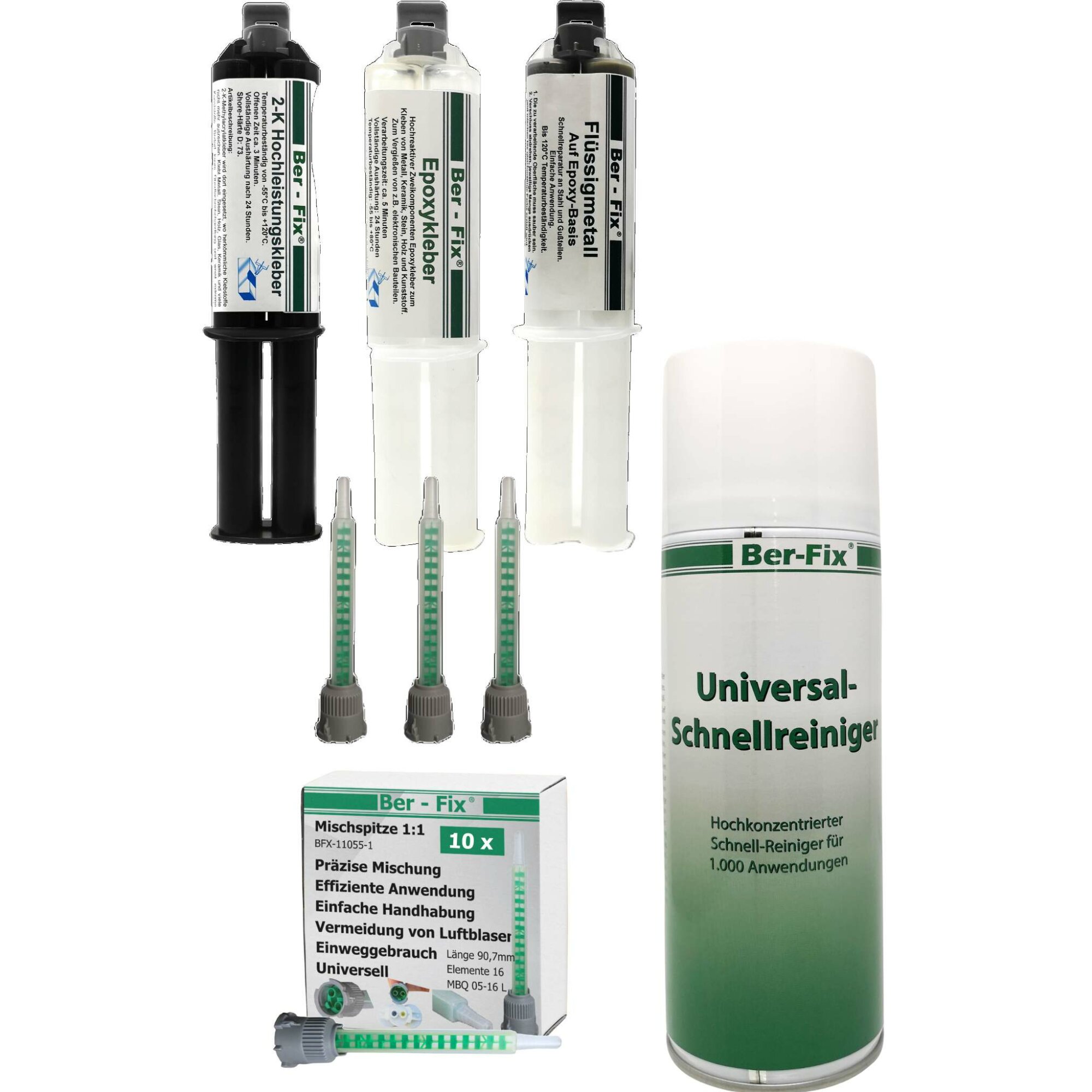 Ber-Fix® 2K-Kleber Set - Inklusive Hochleistungskleber, Epoxykleber & Flüssigmetall - Keine Dosierpistole benötigt!" 10 Extra Düsen + Universalreiniger